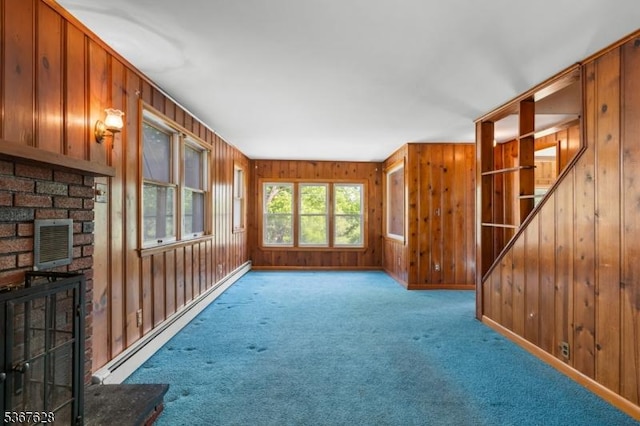 150 Buckley Ave, Oxford Twp, NJ 07863 - unfurnished living room featuring carpet, a baseboard radiator, and wood walls