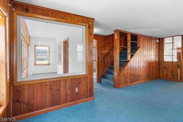 150 Buckley Ave, Oxford Twp, NJ 07863 - empty room featuring wood walls, carpet floors, and stairs