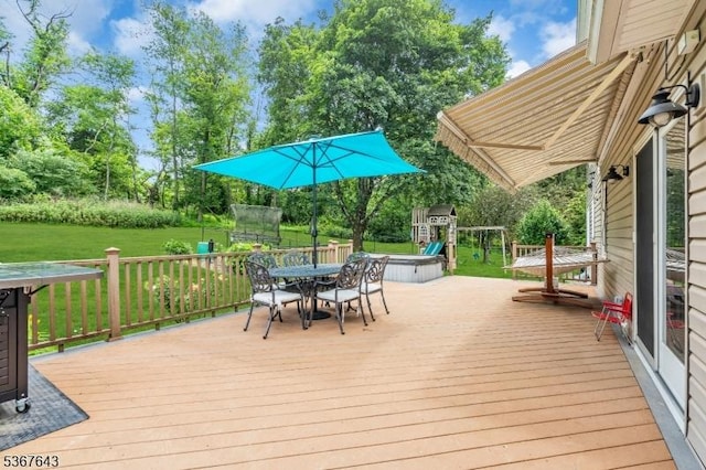 2 Angus Ln, Blairstown Twp, NJ 07825 - wooden deck featuring outdoor dining space, a yard, a playground, and view of scattered trees