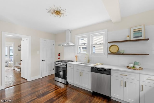 910 Caldwell Ave, Union Twp, NJ 07083 - kitchen with stainless steel appliances, wall chimney range hood, dark wood-style flooring, light countertops, and open shelves