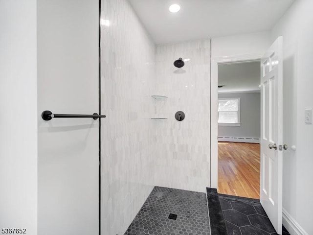 3 Cross Brook Dr, Tewksbury Twp, NJ 07830 - full bath featuring a shower, tile patterned floors, a baseboard heating unit, and recessed lighting