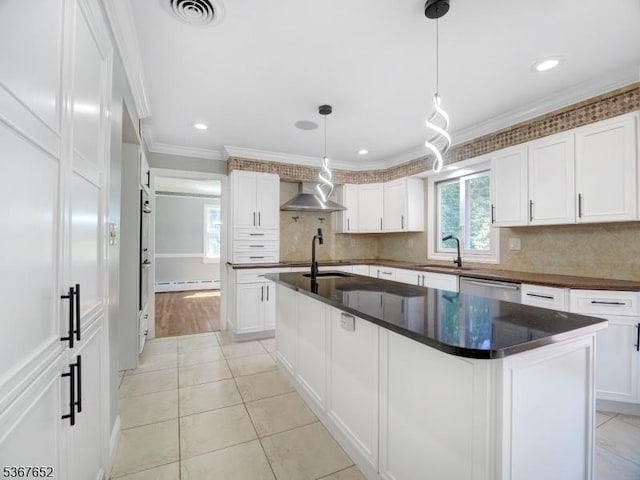 3 Cross Brook Dr, Tewksbury Twp, NJ 07830 - kitchen with crown molding, wall chimney range hood, a baseboard radiator, white cabinets, and stainless steel appliances