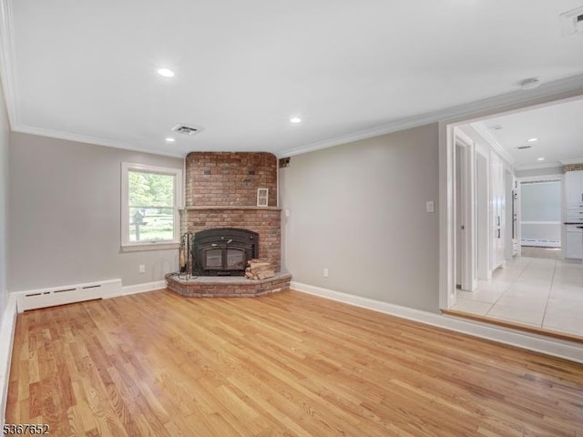 3 Cross Brook Dr, Tewksbury Twp, NJ 07830 - unfurnished living room with baseboard heating, crown molding, light wood-type flooring, and recessed lighting