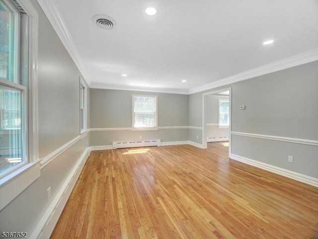 3 Cross Brook Dr, Tewksbury Twp, NJ 07830 - empty room with baseboard heating, crown molding, plenty of natural light, light wood-type flooring, and recessed lighting