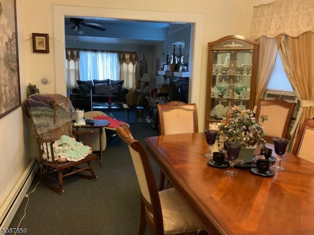 116 Mapes Ave Unit 3, Newark City, NJ 07112 - dining space featuring a baseboard radiator, a ceiling fan, and carpet flooring