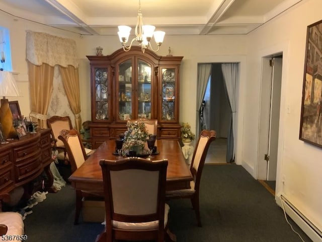 116 Mapes Ave Unit 3, Newark City, NJ 07112 - dining room featuring a chandelier, a baseboard heating unit, coffered ceiling, dark colored carpet, and beamed ceiling
