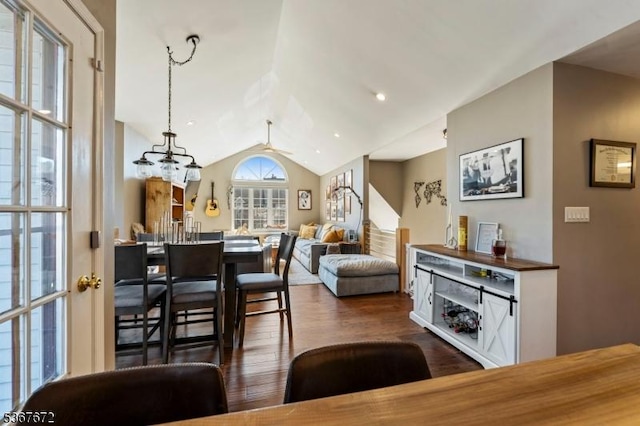 410 Porter Way, Bridgewater Twp, NJ 08807 - living area with dark wood-style flooring, vaulted ceiling, and a ceiling fan