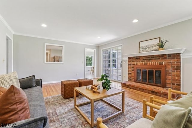 211 Woods End Dr, Bernards Twp, NJ 07920 - living room featuring ornamental molding, wood finished floors, a fireplace, and recessed lighting