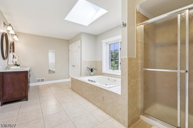 211 Woods End Dr, Bernards Twp, NJ 07920 - full bath featuring a skylight, vanity, a bath, tile patterned floors, and a shower stall