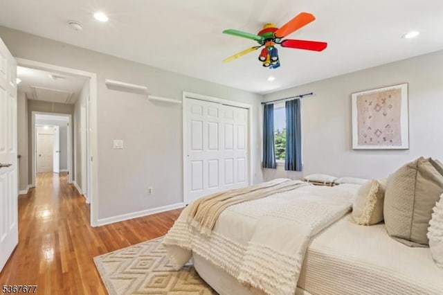 211 Woods End Dr, Bernards Twp, NJ 07920 - bedroom with attic access, light wood finished floors, a closet, recessed lighting, and a ceiling fan