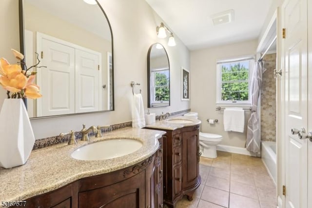 211 Woods End Dr, Bernards Twp, NJ 07920 - bathroom with vanity, tile patterned floors, and shower / bath combo with shower curtain