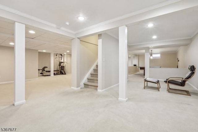 211 Woods End Dr, Bernards Twp, NJ 07920 - finished below grade area with carpet, recessed lighting, crown molding, and stairway