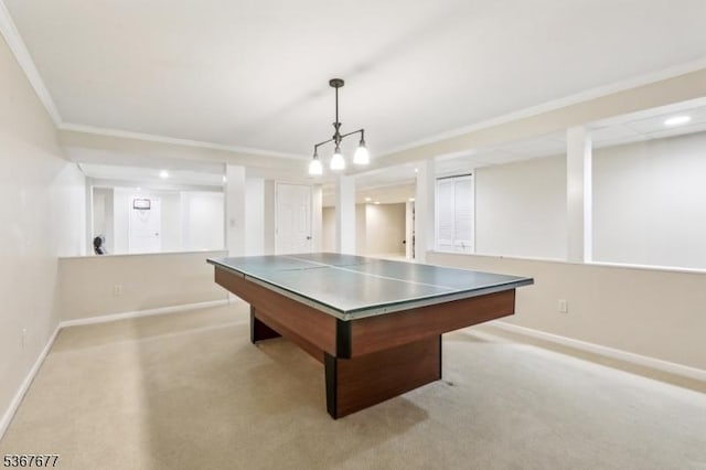 211 Woods End Dr, Bernards Twp, NJ 07920 - rec room with crown molding and light colored carpet
