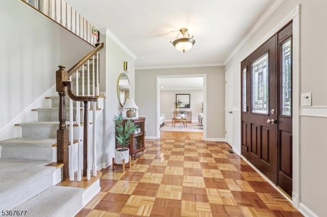 211 Woods End Dr, Bernards Twp, NJ 07920 - entrance foyer with stairway and ornamental molding