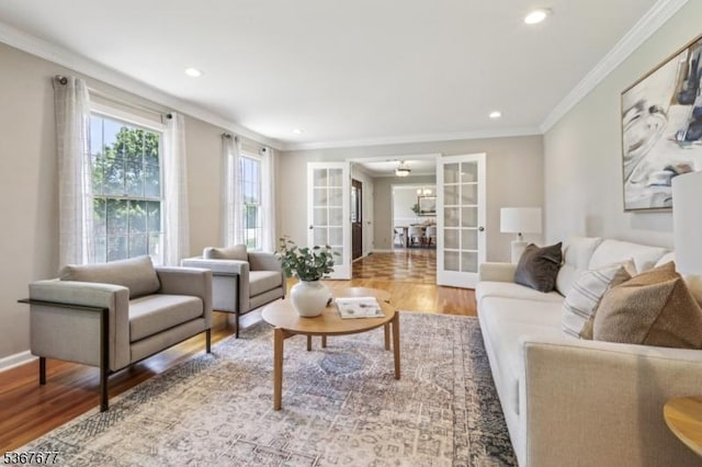 211 Woods End Dr, Bernards Twp, NJ 07920 - living room featuring wood finished floors, ornamental molding, recessed lighting, and french doors