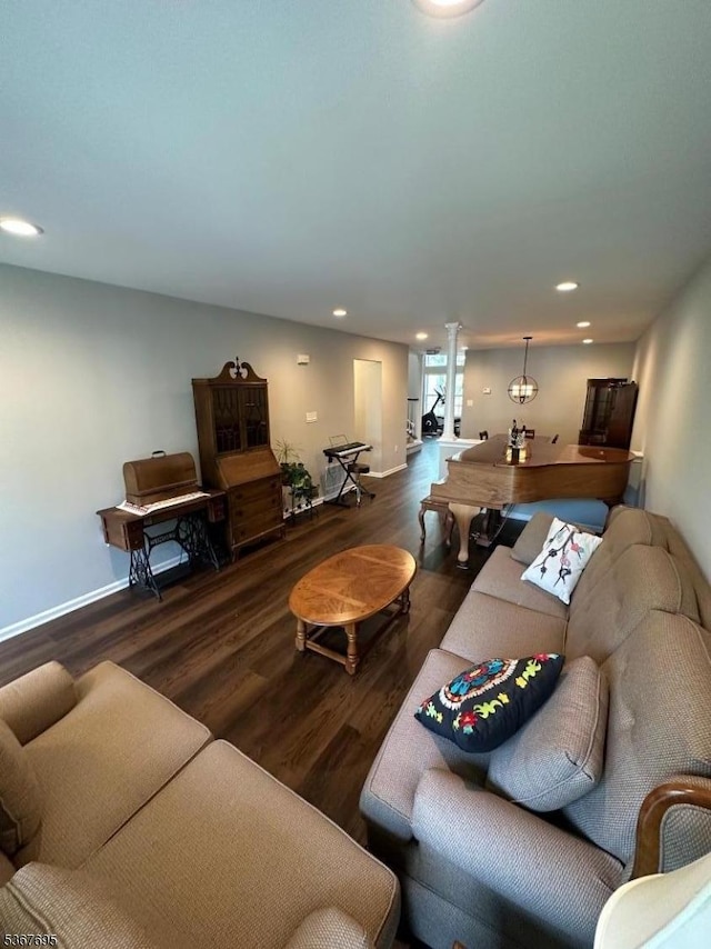 1002 Timberbrooke Dr, Bedminster Twp, NJ 07921 - living room with ornate columns, wood finished floors, and recessed lighting
