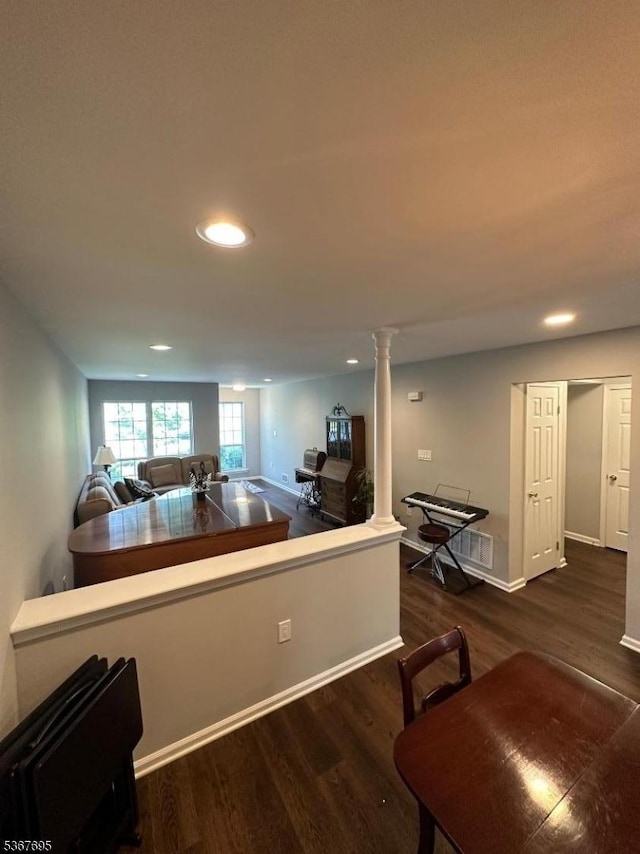 1002 Timberbrooke Dr, Bedminster Twp, NJ 07921 - kitchen featuring ornate columns, wood finished floors, and recessed lighting