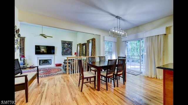 4 Lindsay Ln, Sparta Twp, NJ 07871 - dining area with light wood-style floors, a fireplace, and ceiling fan