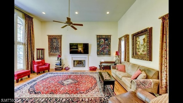 4 Lindsay Ln, Sparta Twp, NJ 07871 - living area with a ceiling fan, wood finished floors, a fireplace, and recessed lighting
