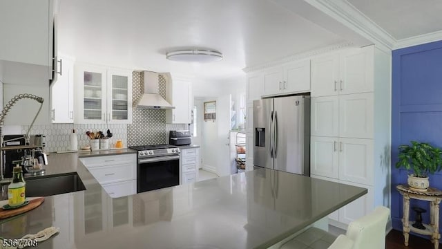 114 Oakley St, Roselle Boro, NJ 07203 - kitchen featuring stainless steel appliances, custom exhaust hood, white cabinetry, backsplash, and glass insert cabinets