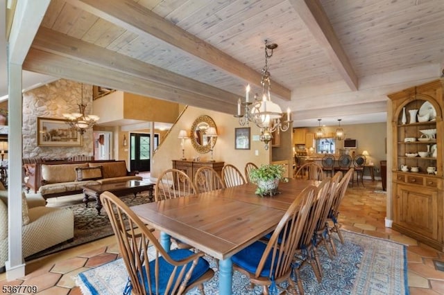 52 W Main St, Mendham Boro, NJ 07945 - dining area with a chandelier and a wooden ceiling with exposed beams