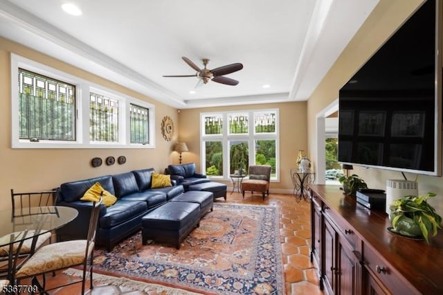52 W Main St, Mendham Boro, NJ 07945 - living room featuring a ceiling fan, a tray ceiling, recessed lighting, and light tile patterned flooring