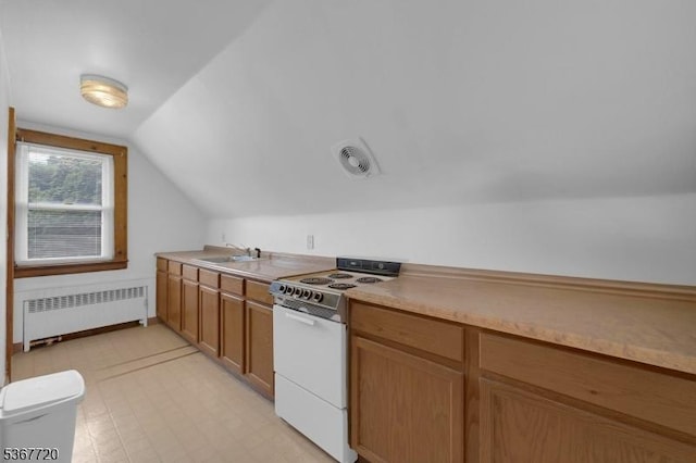 74 Elm Rd, Caldwell Boro Twp, NJ 07006 - kitchen with white range with electric stovetop, radiator heating unit, lofted ceiling, light countertops, and brown cabinets