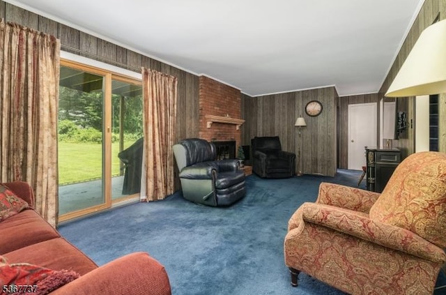 4 Orchid Pl, Clinton Twp, NJ 08833 - living area featuring carpet floors, wooden walls, and a brick fireplace