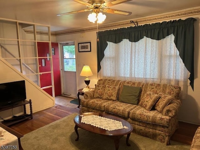 2081 Portland Ave, Scotch Plains Twp, NJ 07076 - living area featuring wood finished floors, stairs, and ceiling fan