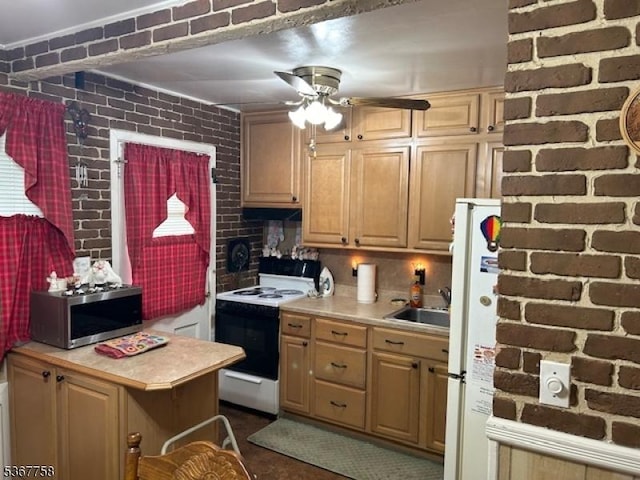 2081 Portland Ave, Scotch Plains Twp, NJ 07076 - kitchen featuring white appliances, light countertops, brick wall, a ceiling fan, and exhaust hood