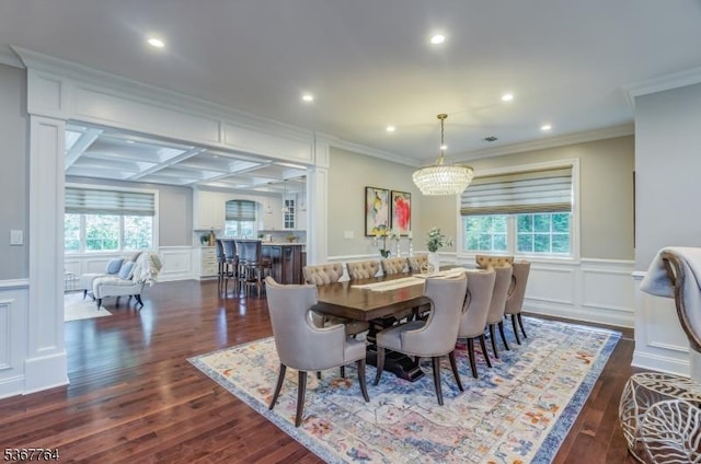 106 Woodbine Cir, New Providence Boro, NJ 07974 - dining room featuring a decorative wall, healthy amount of natural light, ornamental molding, recessed lighting, and dark wood-type flooring