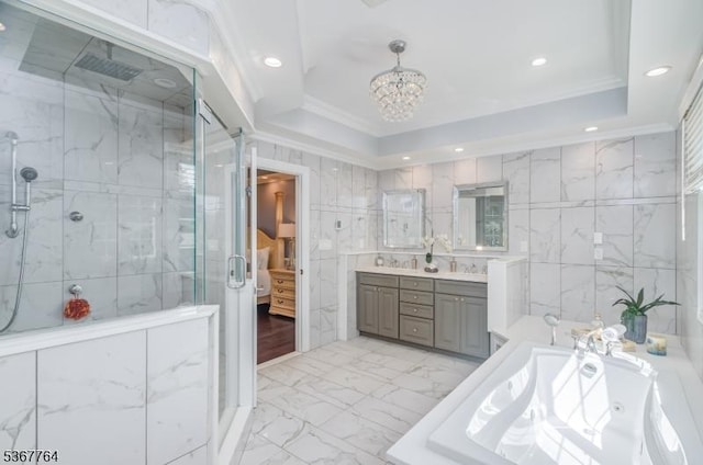 106 Woodbine Cir, New Providence Boro, NJ 07974 - full bathroom featuring a stall shower, ensuite bathroom, vanity, a tub with jets, and a raised ceiling