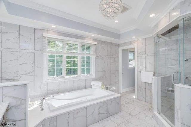 106 Woodbine Cir, New Providence Boro, NJ 07974 - full bath featuring ornamental molding, marble tiled floors, a marble finish shower, a bath, and a chandelier