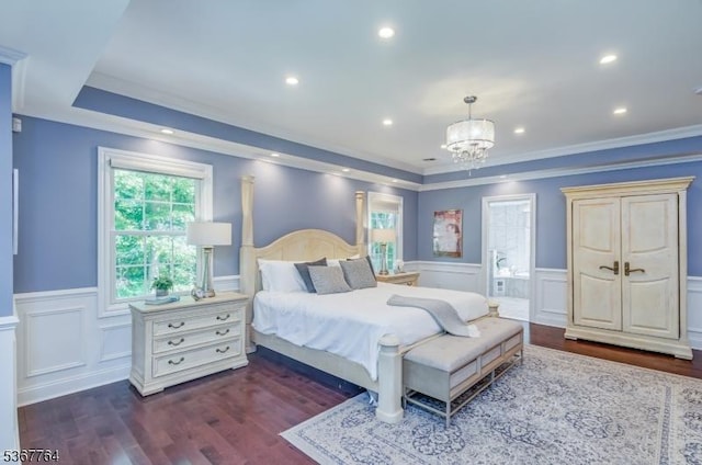 106 Woodbine Cir, New Providence Boro, NJ 07974 - bedroom featuring a chandelier, wainscoting, ornamental molding, dark wood-style floors, and a decorative wall