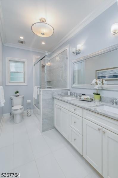 106 Woodbine Cir, New Providence Boro, NJ 07974 - bathroom with ornamental molding, double vanity, a stall shower, tile patterned flooring, and recessed lighting