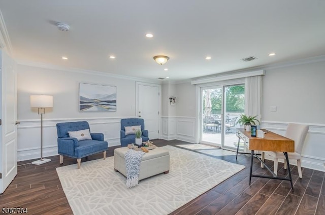 106 Woodbine Cir, New Providence Boro, NJ 07974 - living area with crown molding, a decorative wall, dark wood-style flooring, and recessed lighting