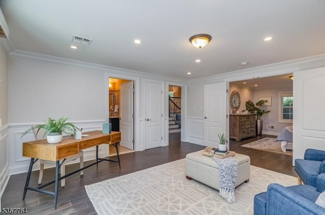 106 Woodbine Cir, New Providence Boro, NJ 07974 - living area with stairway, ornamental molding, recessed lighting, wood finished floors, and a decorative wall