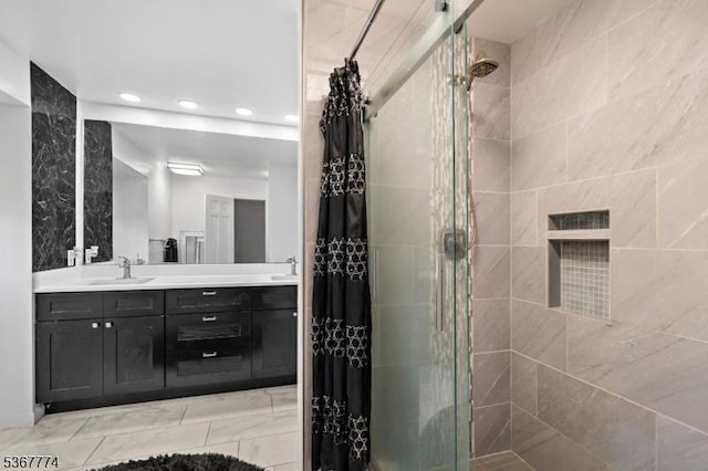 5 Peppermint Hill Rd, North Brunswick Twp, NJ 08902 - full bath with a stall shower, double vanity, and recessed lighting