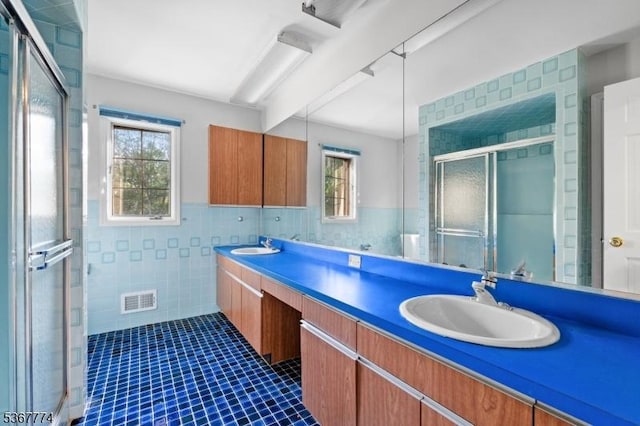 5 Peppermint Hill Rd, North Brunswick Twp, NJ 08902 - full bath with tile walls, tile patterned flooring, plenty of natural light, double vanity, and a shower stall