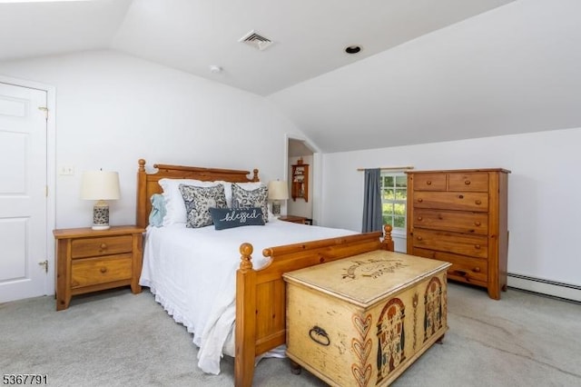 30 Bissell Rd, Tewksbury Twp, NJ 08833 - bedroom with vaulted ceiling, a baseboard radiator, and light carpet