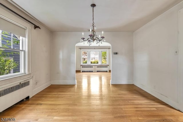 173 Raab Ave, Bloomfield Twp, NJ 07003 - empty room with radiator, a chandelier, healthy amount of natural light, and light wood-style flooring