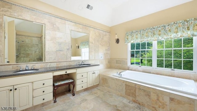 64 Sneider Rd, Warren Twp, NJ 07059 - full bath with double vanity, a shower stall, and a garden tub