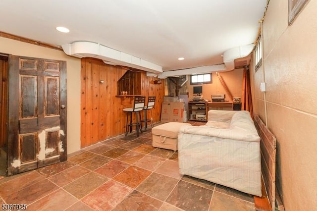 408 Sanford Ave, Hillside Twp, NJ 07205 - living area with recessed lighting, stone finish floors, and wood walls