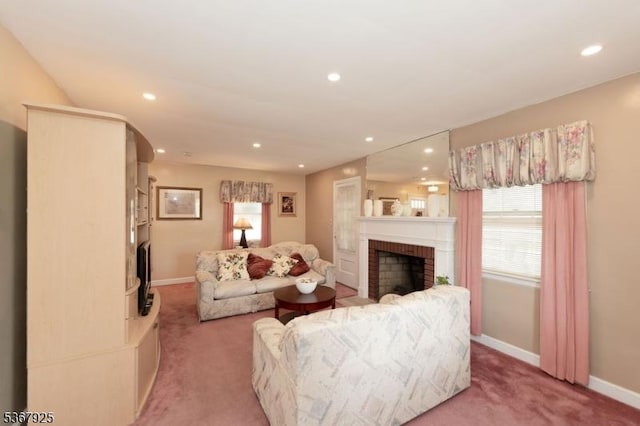 408 Sanford Ave, Hillside Twp, NJ 07205 - living area featuring light carpet, a brick fireplace, and recessed lighting