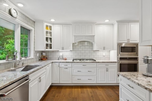11 Old Farm Rd, North Caldwell Boro, NJ 07006 - kitchen featuring stainless steel appliances, white cabinetry, decorative backsplash, glass insert cabinets, and recessed lighting