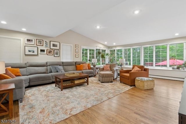 11 Old Farm Rd, North Caldwell Boro, NJ 07006 - living area featuring wood finished floors, recessed lighting, lofted ceiling, and baseboard heating
