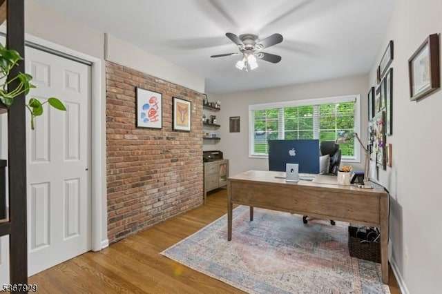 11 Old Farm Rd, North Caldwell Boro, NJ 07006 - office area featuring brick wall, ceiling fan, and wood finished floors