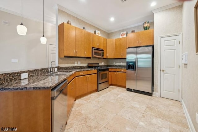1407 Four Seasons Dr Unit 1407, Wayne Twp, NJ 07470 - kitchen featuring appliances with stainless steel finishes, brown cabinetry, crown molding, dark stone countertops, and a peninsula