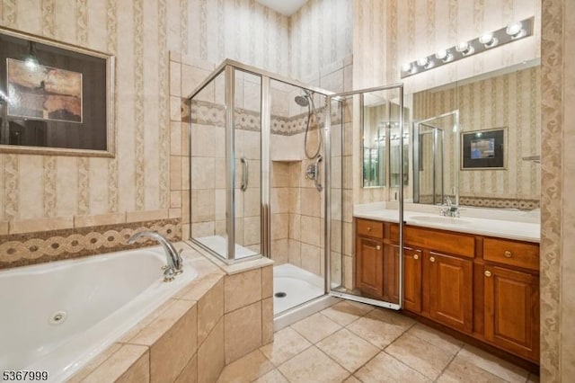 1407 Four Seasons Dr Unit 1407, Wayne Twp, NJ 07470 - full bath with a tub with jets, vanity, a stall shower, wallpapered walls, and tile patterned floors