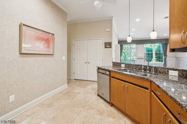 1407 Four Seasons Dr Unit 1407, Wayne Twp, NJ 07470 - kitchen with dishwasher, crown molding, brown cabinetry, a ceiling fan, and dark stone counters